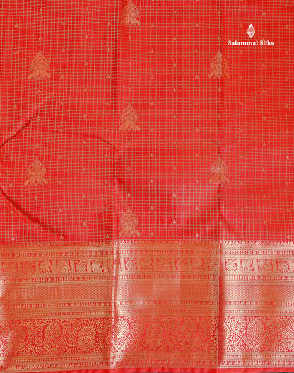Semi Silk Saree - Redish Maroon Small Checks With Butta Along With Traditional Evening Morning Border