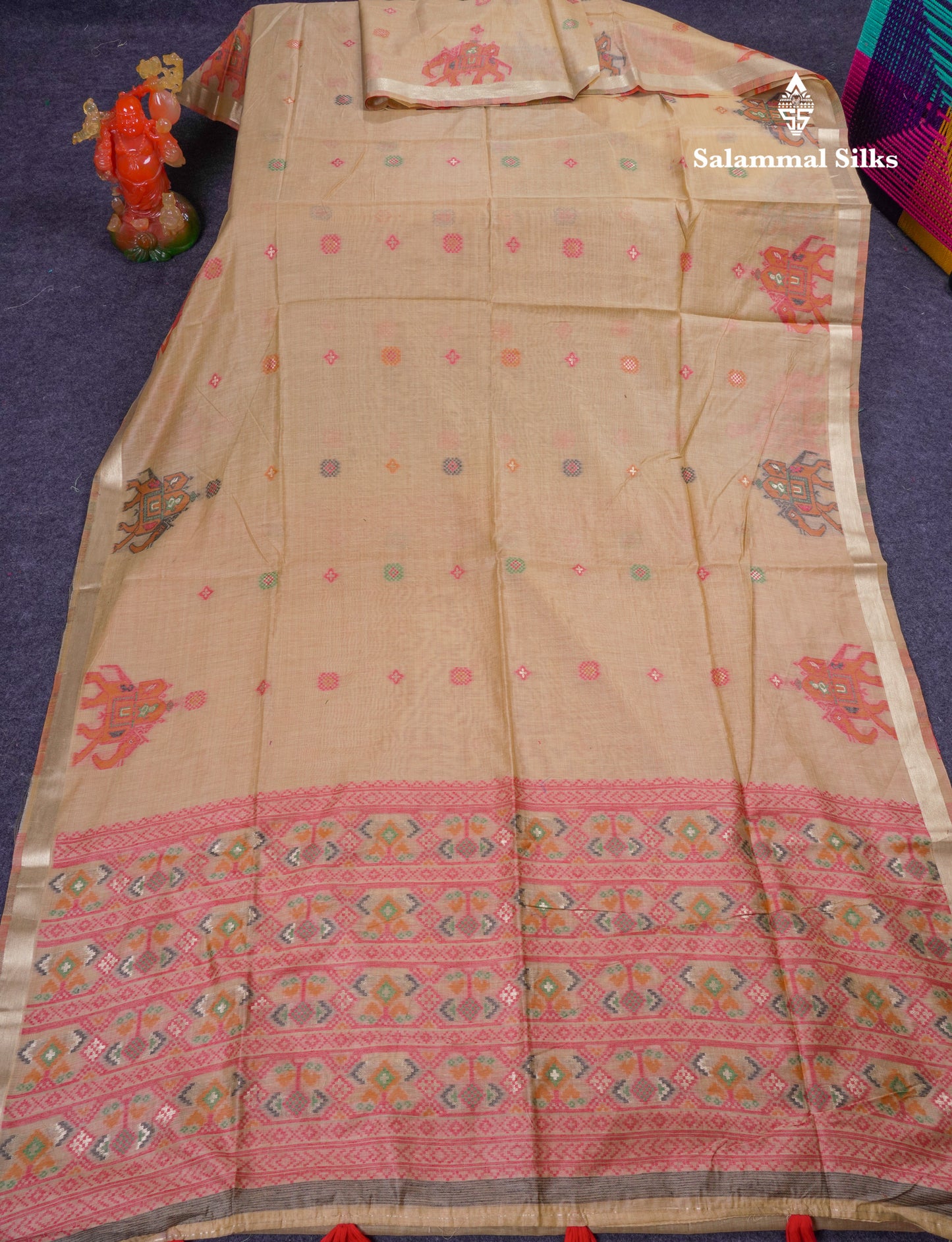 Beautiful Cream Sandal Meanakari Work Muga Cotton Saree With Contrast Brown Blouse