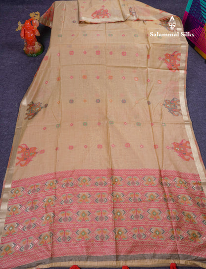 Beautiful Cream Sandal Meanakari Work Muga Cotton Saree With Contrast Brown Blouse