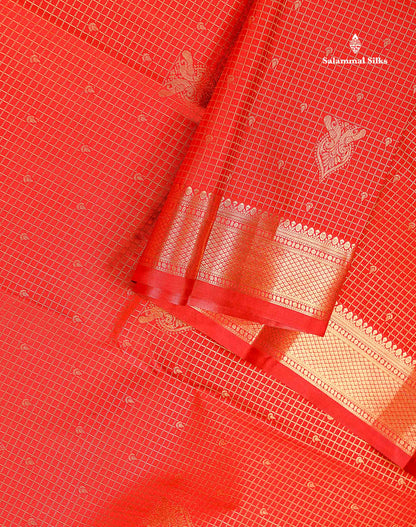 Semi Silk Saree - Redish Maroon Small Checks With Butta Along With Traditional Evening Morning Border