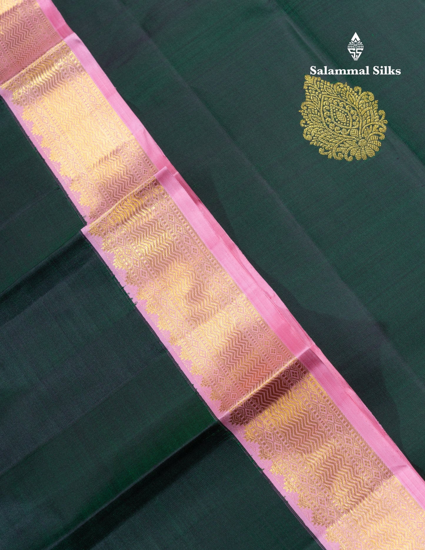 Bottle Green Pure Kanjivaram Silk Saree With Contrast Baby Pink Traditional Border