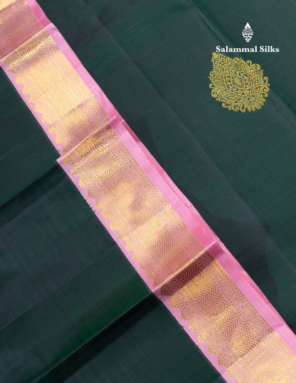 Bottle Green Pure Kanjivaram Silk Saree With Contrast Baby Pink Traditional Border