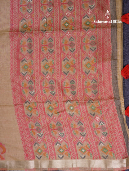 Beautiful Cream Sandal Meanakari Work Muga Cotton Saree With Contrast Brown Blouse