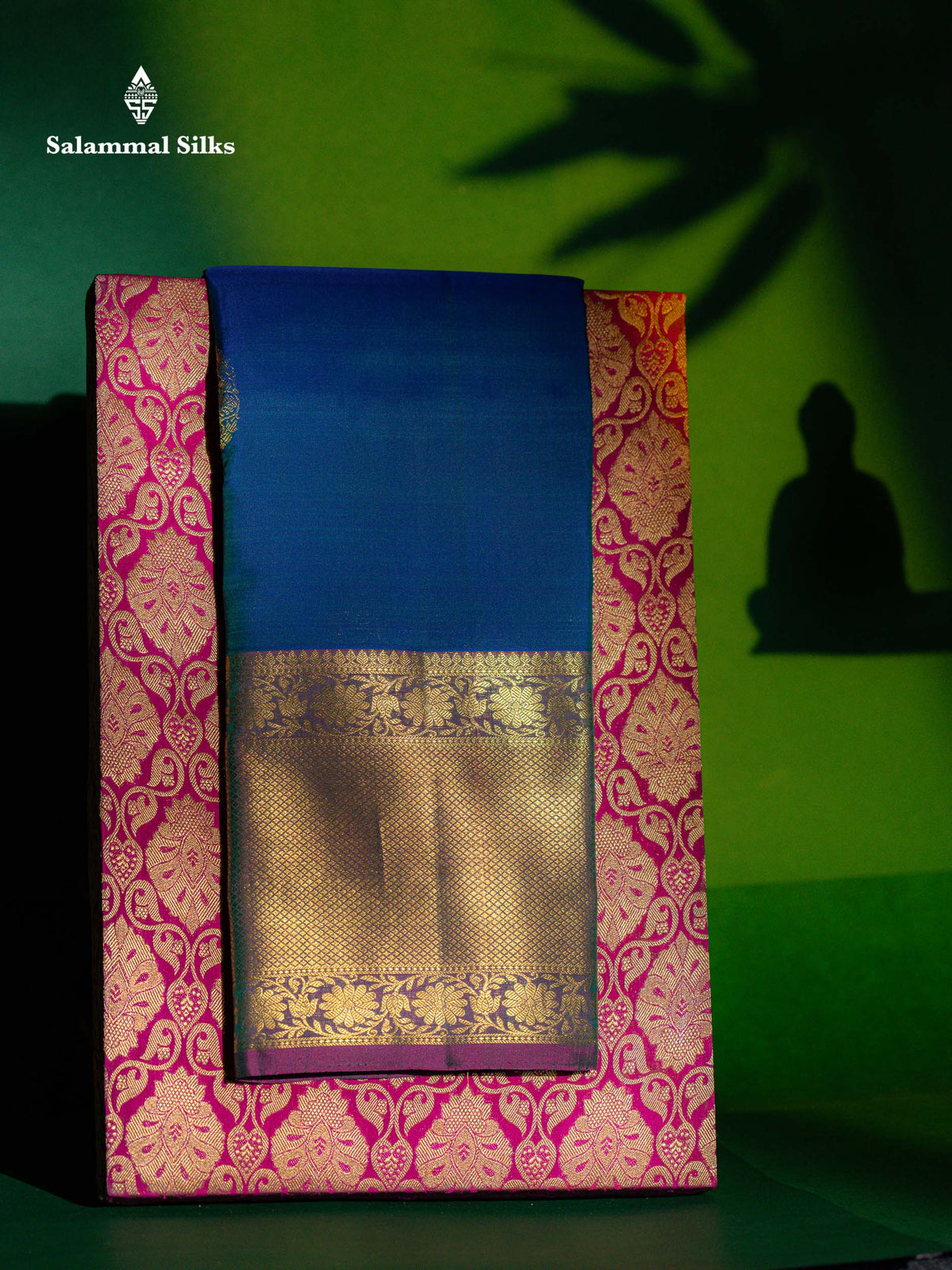Dual Tone Peacock Blue Pure Kanjivaram Silk Saree With Contrast Dual Tone Magenta Evening Morning Border