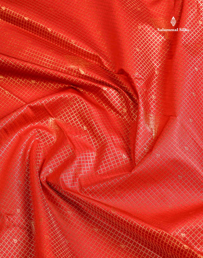Semi Silk Saree - Redish Maroon Small Checks With Butta Along With Traditional Evening Morning Border