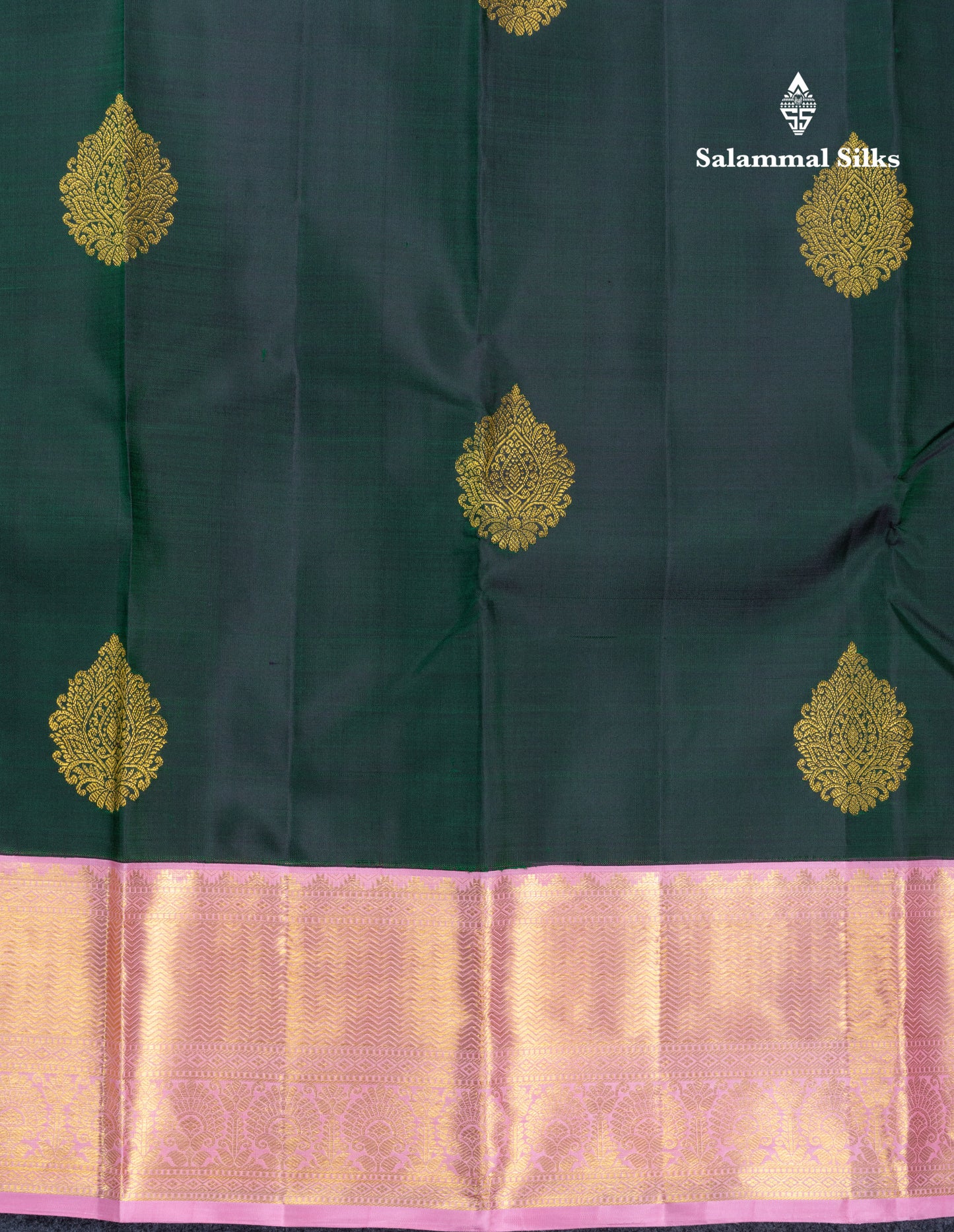 Bottle Green Pure Kanjivaram Silk Saree With Contrast Baby Pink Traditional Border