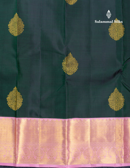 Bottle Green Pure Kanjivaram Silk Saree With Contrast Baby Pink Traditional Border