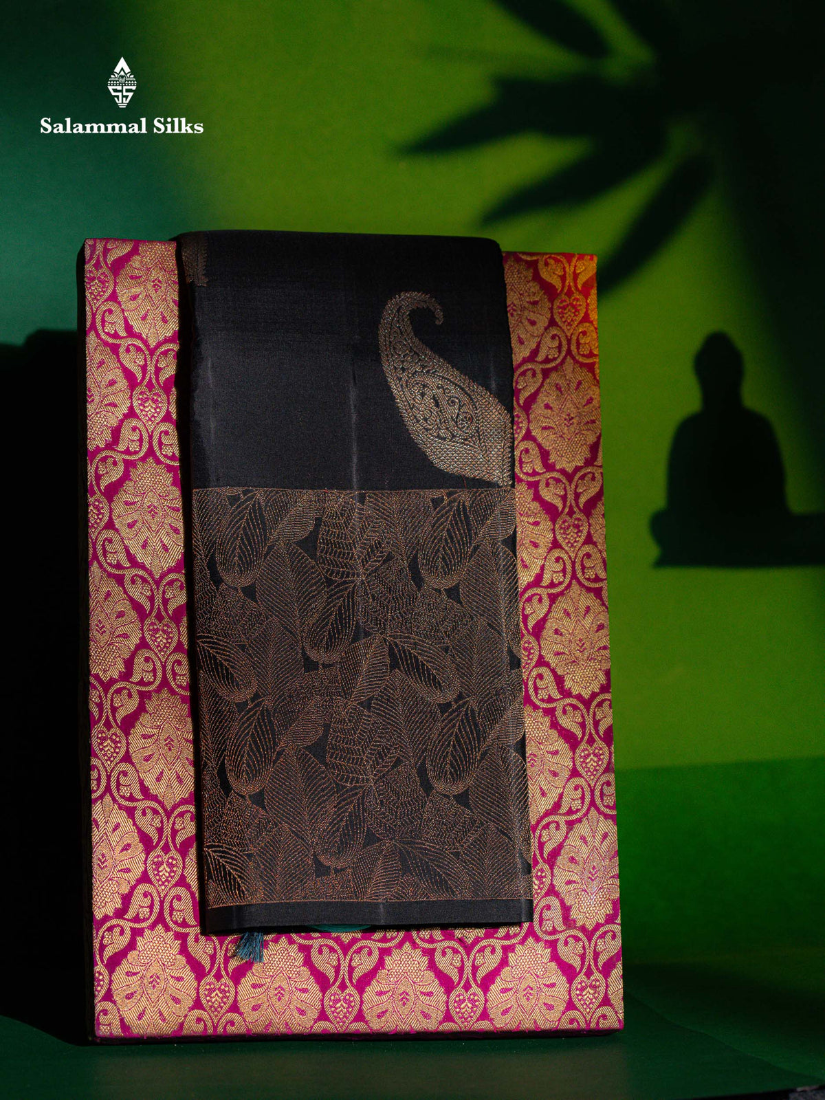 Black Fancy Pure Kanjivaram Silk Saree With Contrast Rexona Blouse