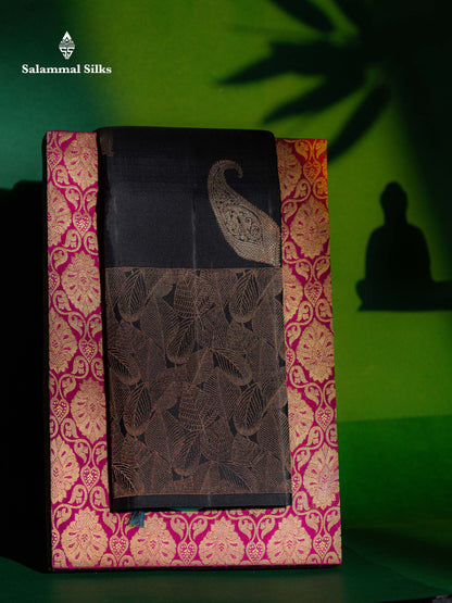 Black Fancy Pure Kanjivaram Silk Saree With Contrast Rexona Blouse
