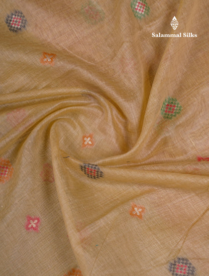 Beautiful Cream Sandal Meanakari Work Muga Cotton Saree With Contrast Brown Blouse
