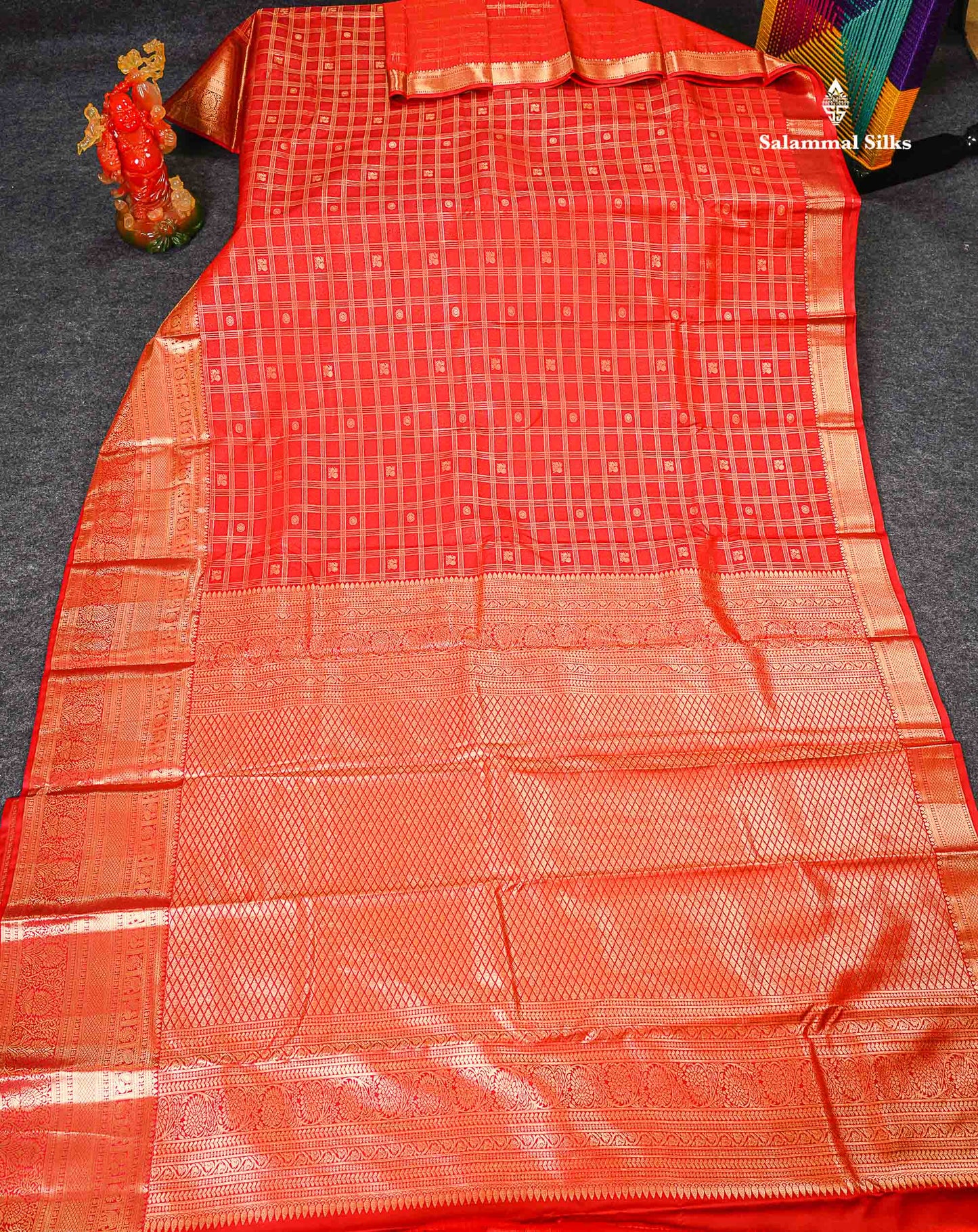 Semi Silk Saree - Chilly Red Checks With Traditional Buttas Along With Evening Morning Border