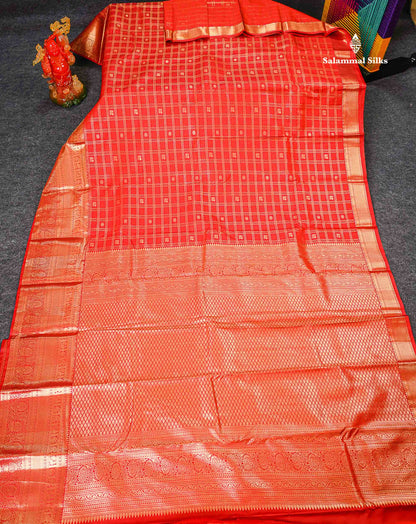 Semi Silk Saree - Chilly Red Checks With Traditional Buttas Along With Evening Morning Border