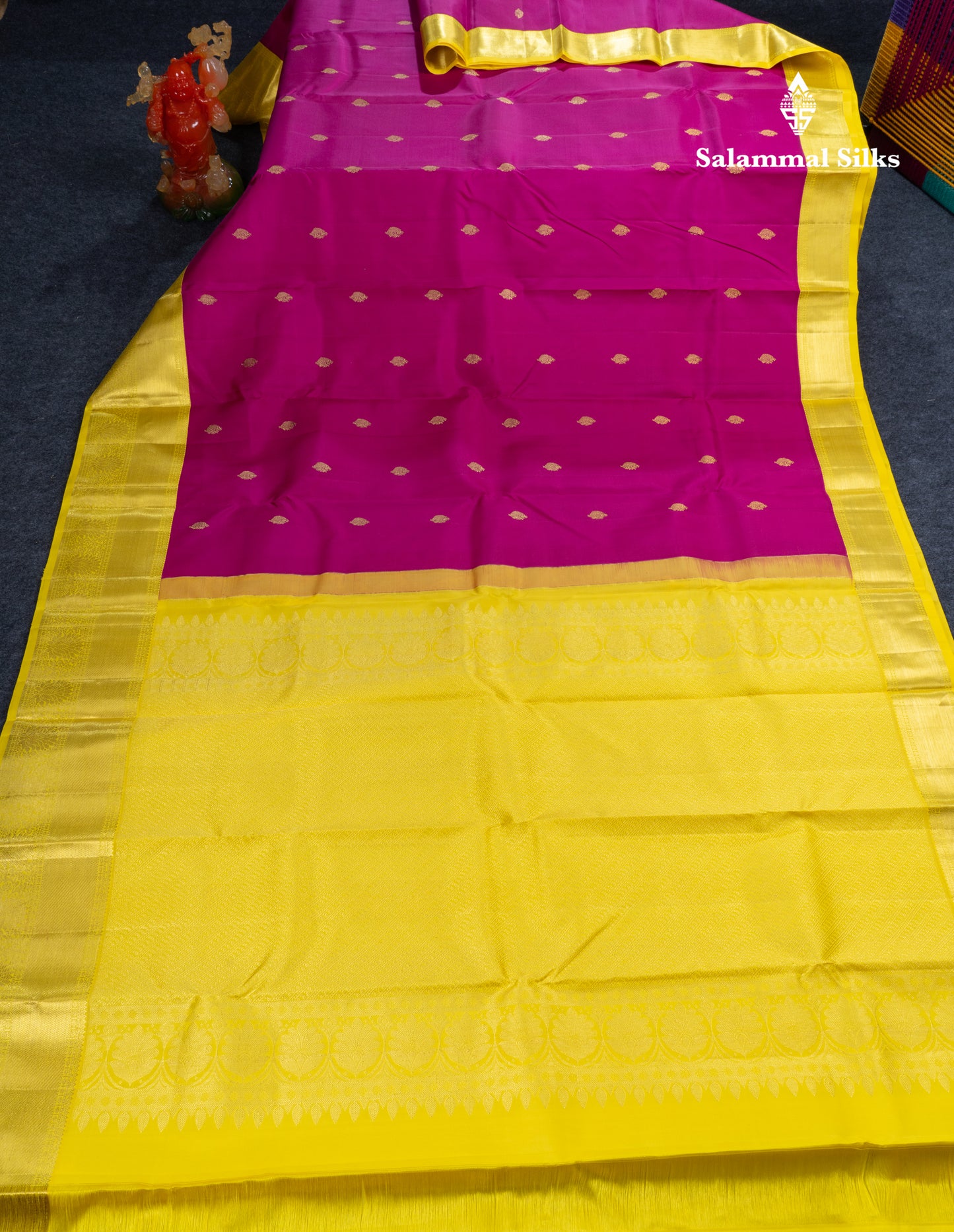 Magenta Pink Pure Kanjivaram Silk Saree With Contrast Lemon Yellow Traditional Border