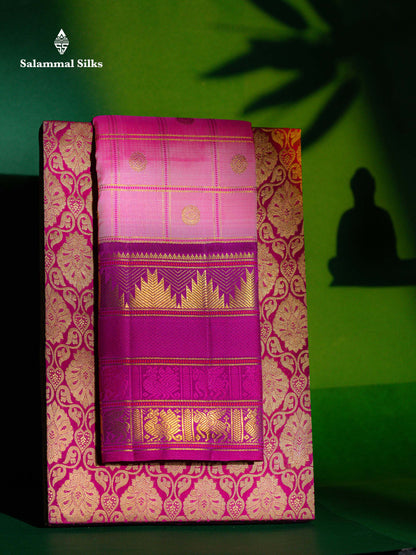 Beautiful Baby Pink Checks With Butta Pure Kanjivaram Silk Saree With Contrast Magenta Pink Traditional Long Border