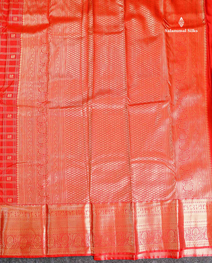 Semi Silk Saree - Chilly Red Checks With Traditional Buttas Along With Evening Morning Border