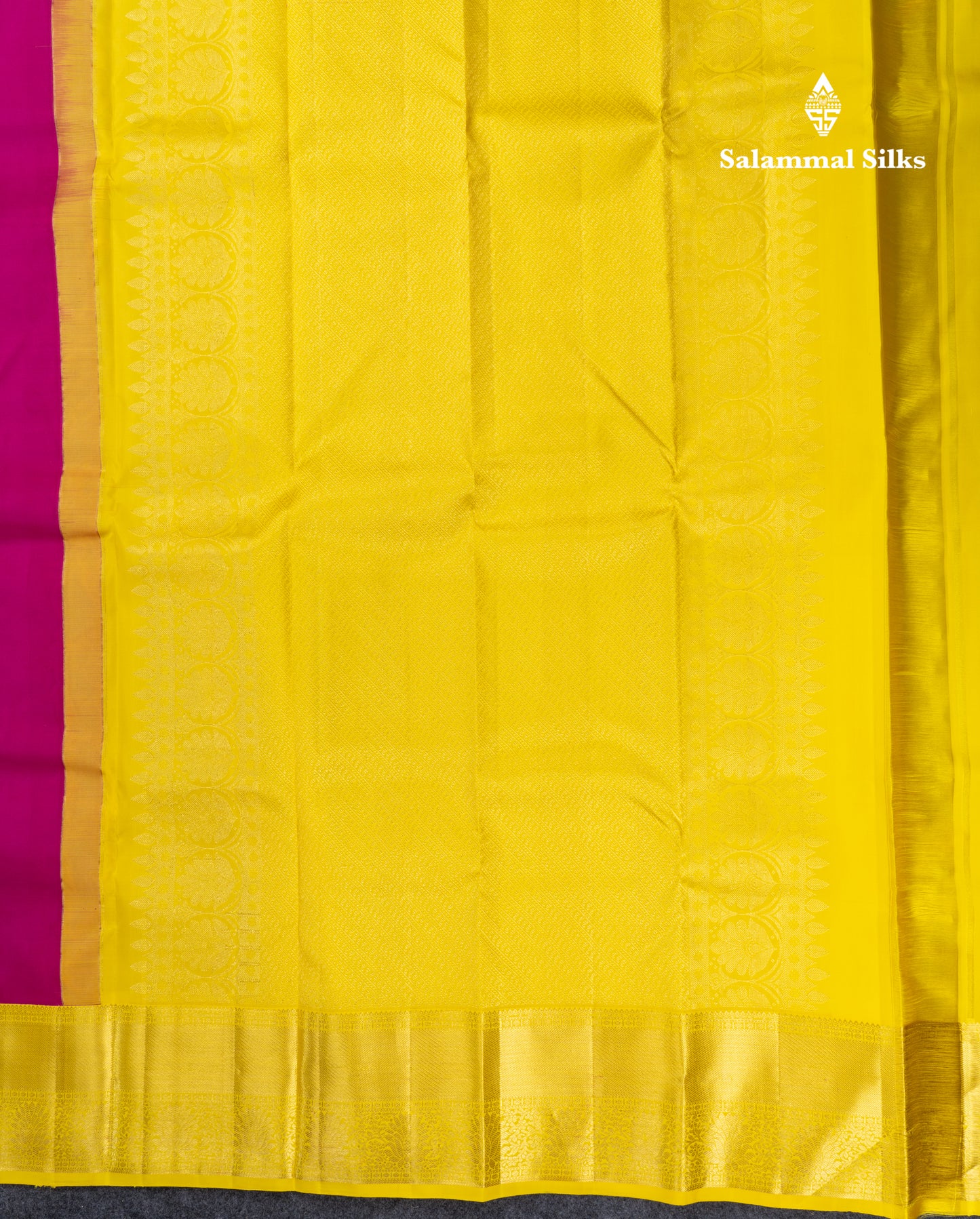 Magenta Pink Pure Kanjivaram Silk Saree With Contrast Lemon Yellow Traditional Border