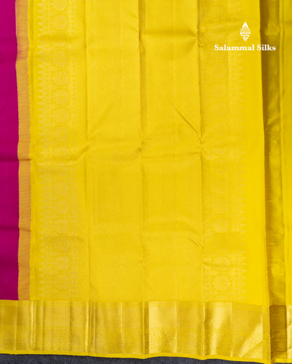 Magenta Pink Pure Kanjivaram Silk Saree With Contrast Lemon Yellow Traditional Border