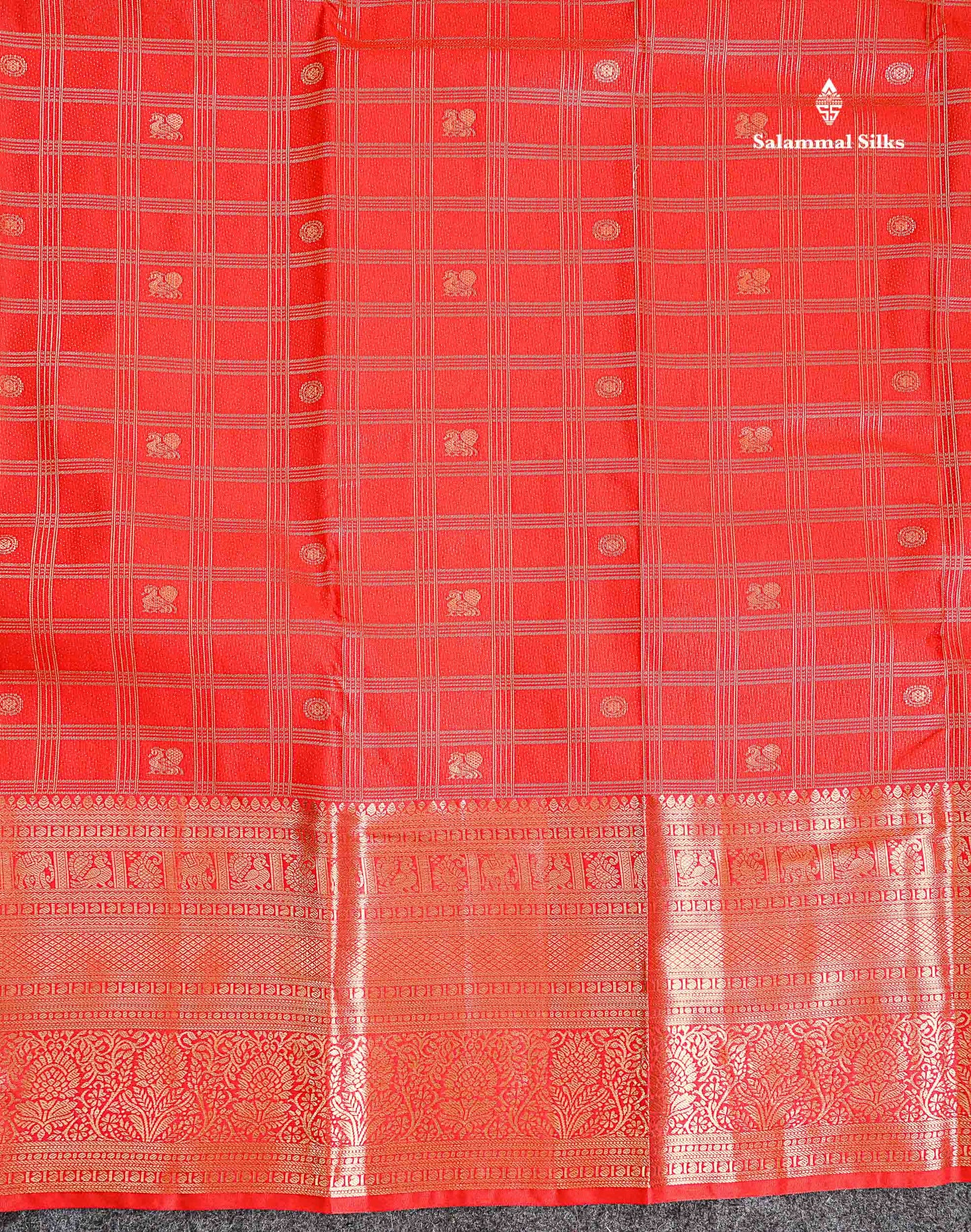 Semi Silk Saree - Chilly Red Checks With Traditional Buttas Along With Evening Morning Border