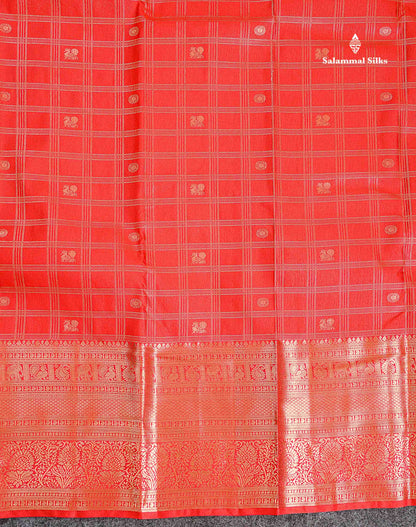 Semi Silk Saree - Chilly Red Checks With Traditional Buttas Along With Evening Morning Border