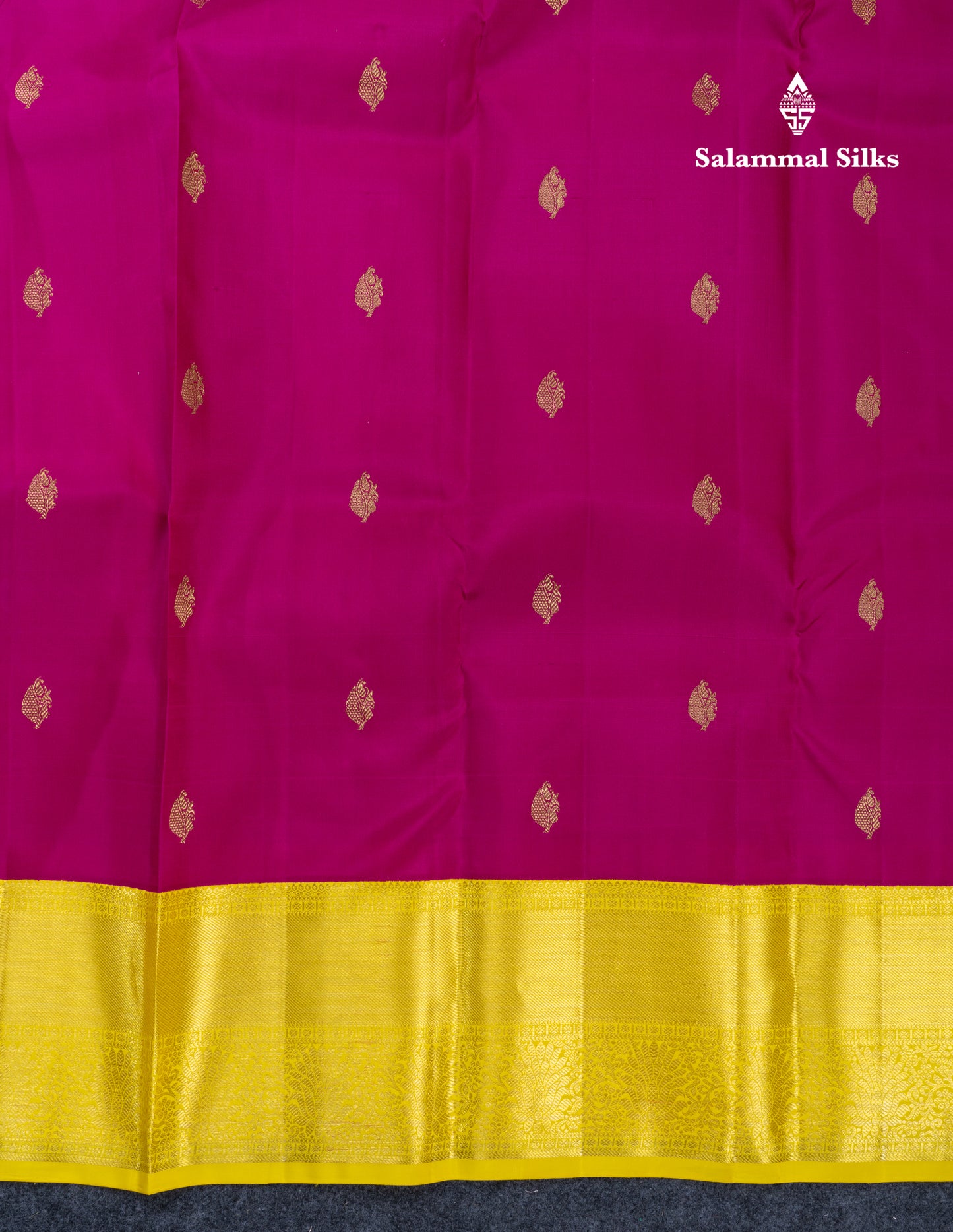 Magenta Pink Pure Kanjivaram Silk Saree With Contrast Lemon Yellow Traditional Border