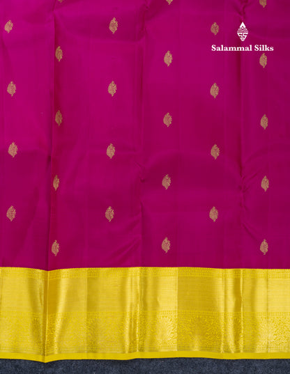 Magenta Pink Pure Kanjivaram Silk Saree With Contrast Lemon Yellow Traditional Border