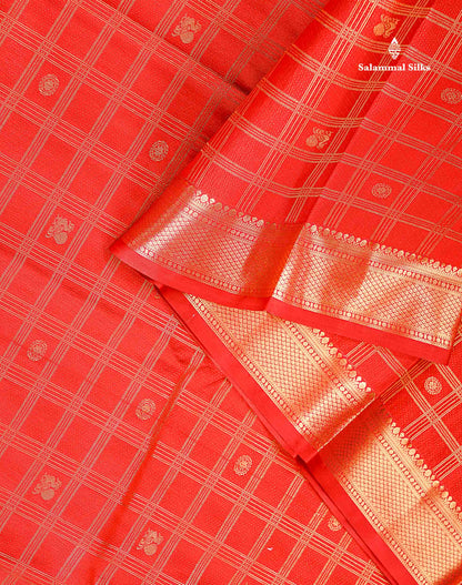 Semi Silk Saree - Chilly Red Checks With Traditional Buttas Along With Evening Morning Border