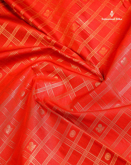 Semi Silk Saree - Chilly Red Checks With Traditional Buttas Along With Evening Morning Border