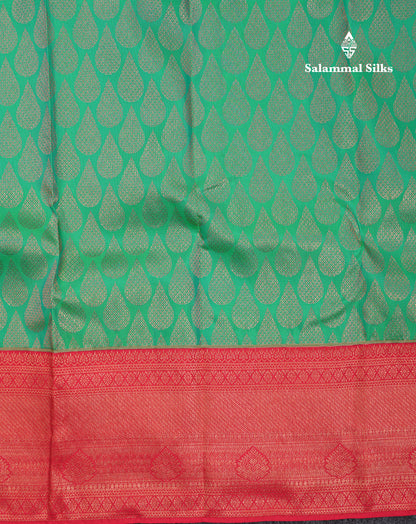 Beautiful Dual Tone Sapphire Green Pure Kanjivaram Silk Saree With Contrast Redish Maroon Traditional Border