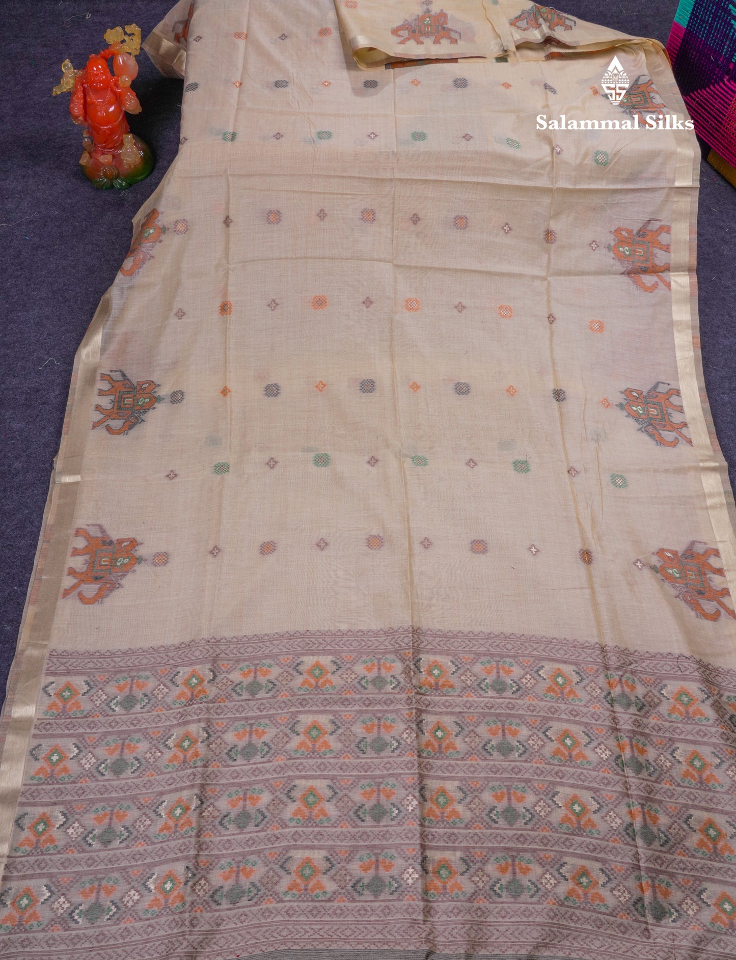 Beautiful Cream Sandal Meanakari Work Muga Cotton Saree With Contrast Brown Blouse