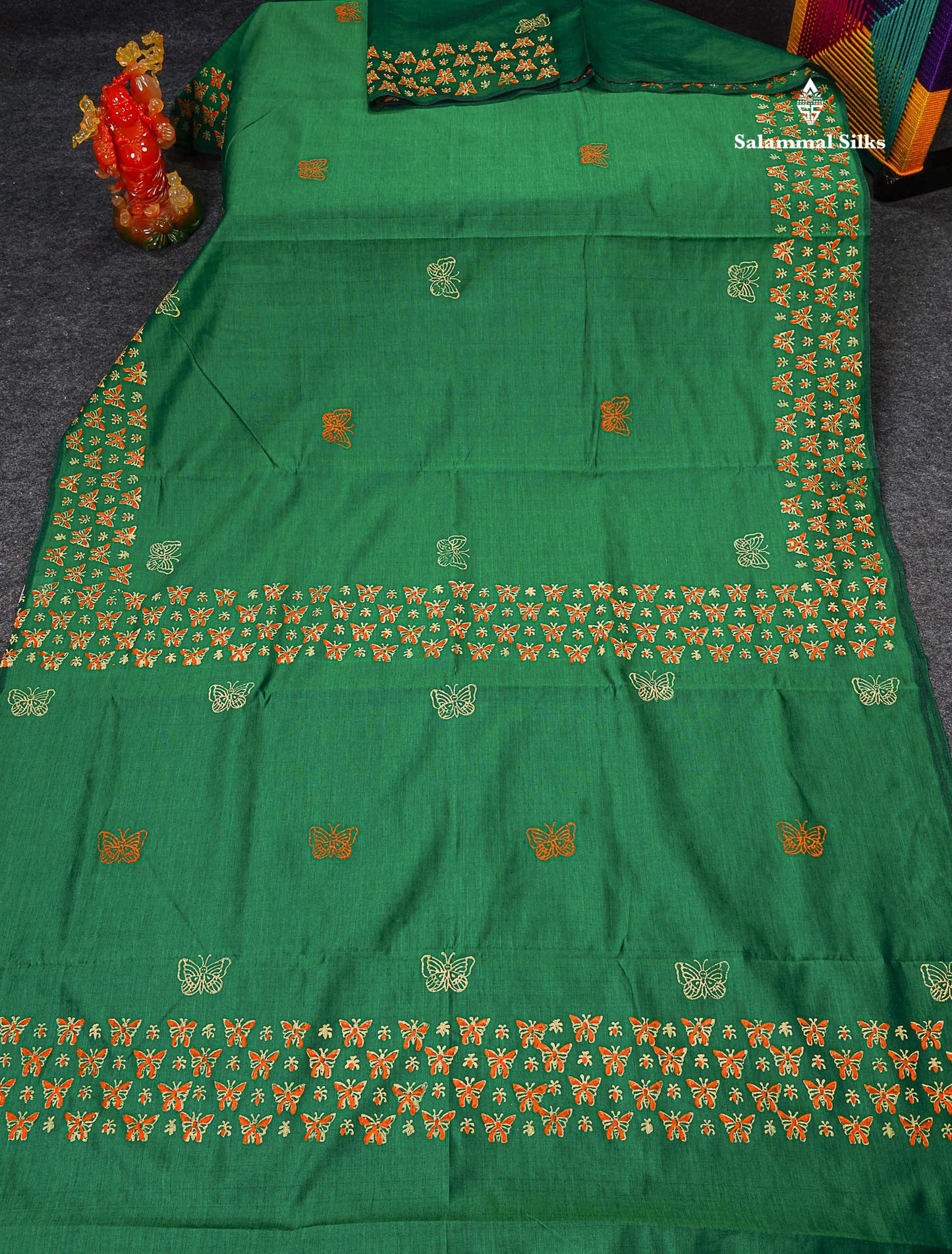 South Cotton Saree - Bottle Green Printed Saree With Contrast Orange Blouse