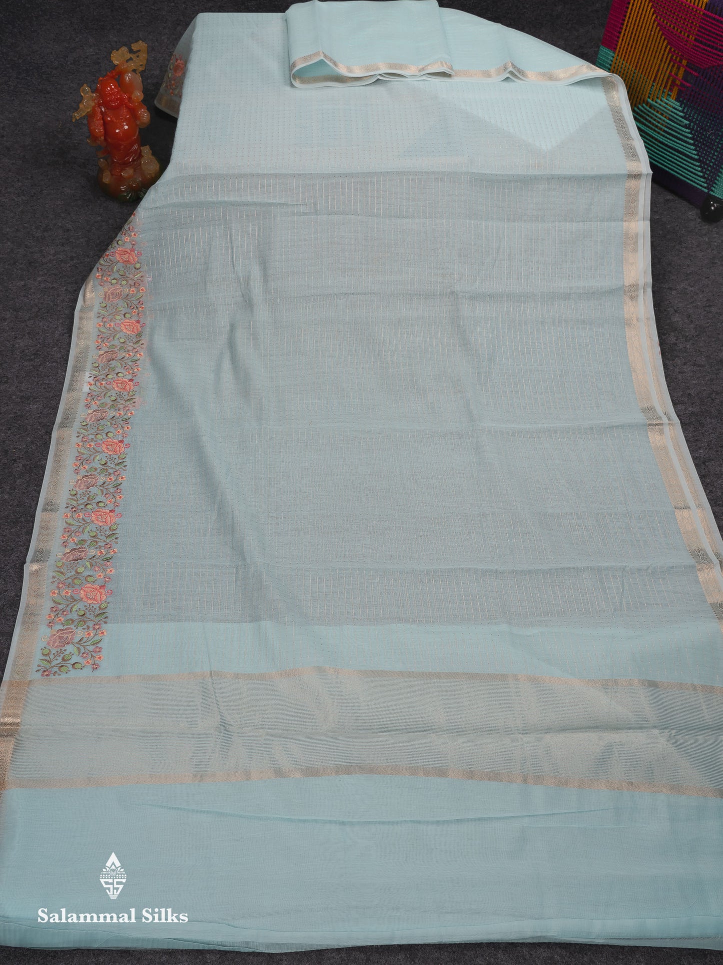 Beautiful Pastel Blue Zari Lines Cotton Mix Fancy Saree With Embroidery Floral Design & Small Zari Border