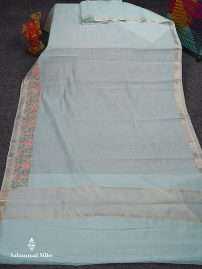Beautiful Pastel Blue Zari Lines Cotton Mix Fancy Saree With Embroidery Floral Design & Small Zari Border