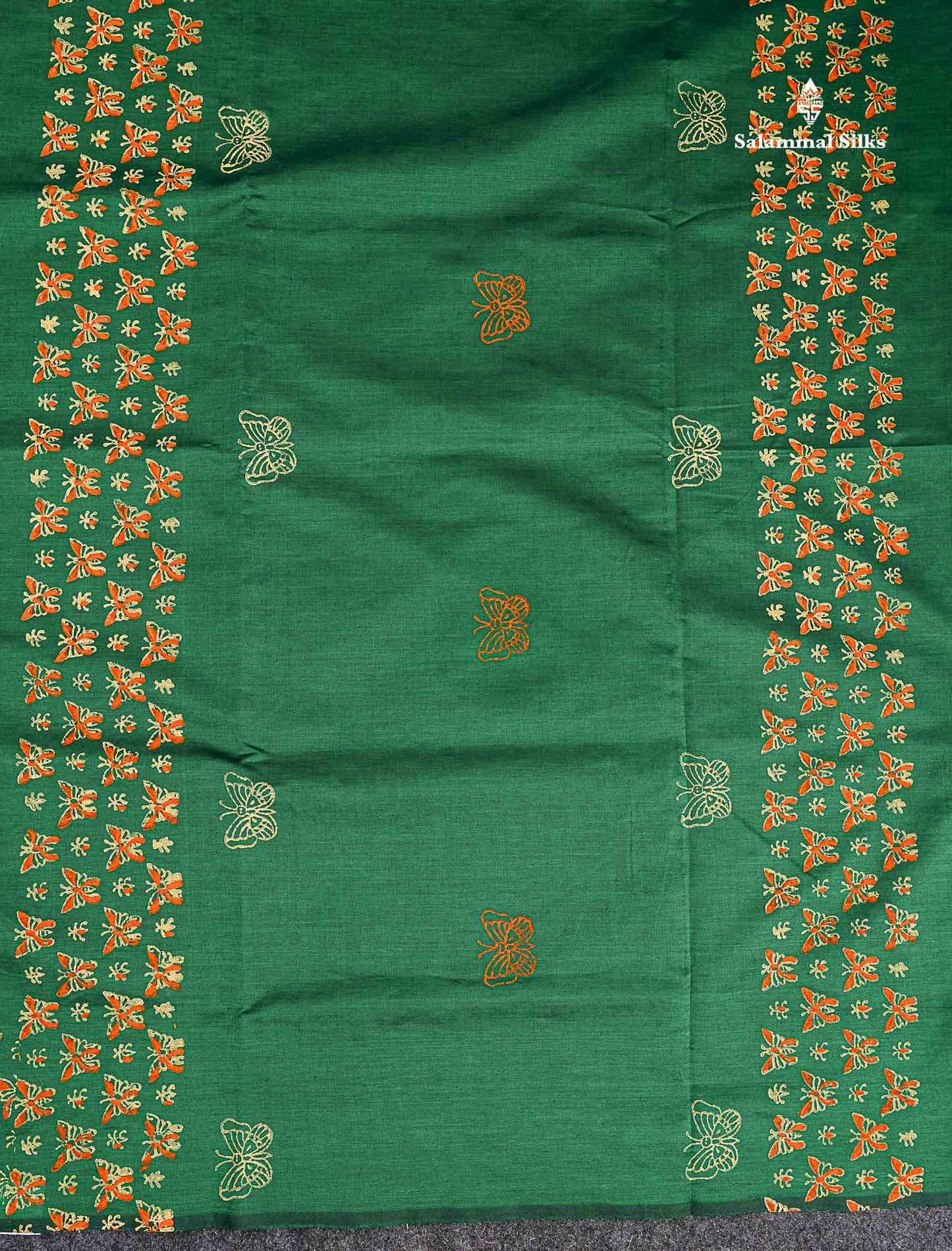 South Cotton Saree - Bottle Green Printed Saree With Contrast Orange Blouse