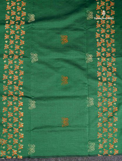 South Cotton Saree - Bottle Green Printed Saree With Contrast Orange Blouse