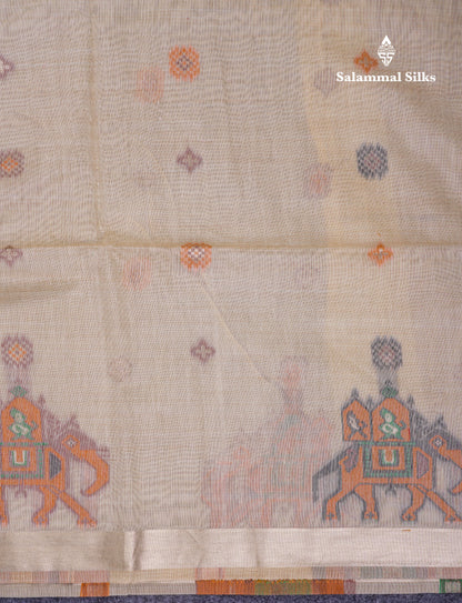 Beautiful Cream Sandal Meanakari Work Muga Cotton Saree With Contrast Brown Blouse