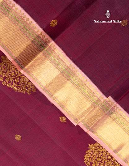 Dual Tone Maroon Pure Kanjivaram Silk Saree With Contrast Dark Peach Traditional Border