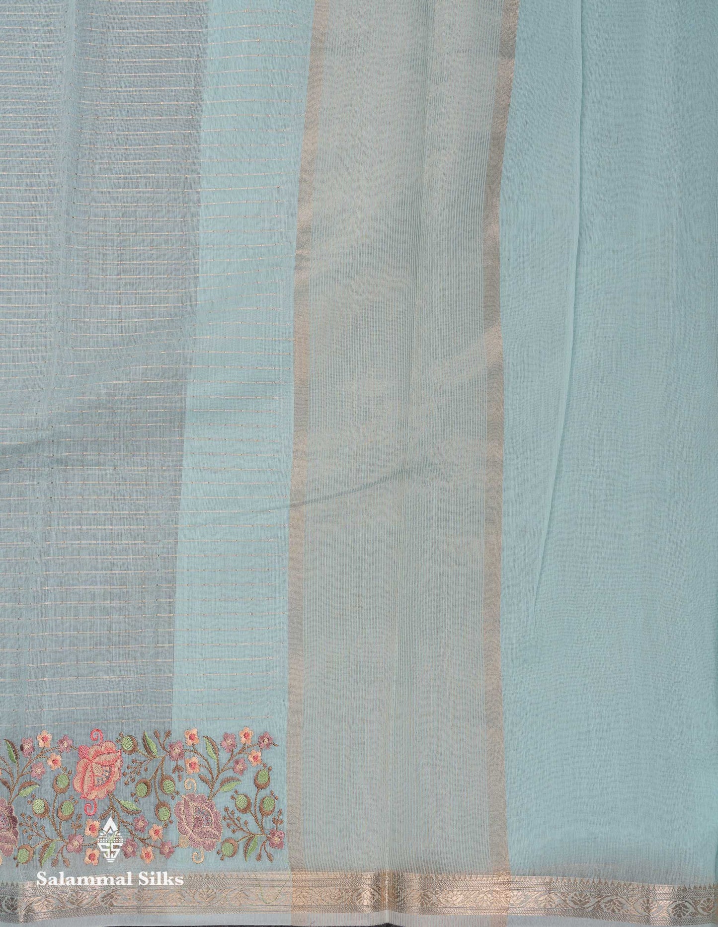 Beautiful Pastel Blue Zari Lines Cotton Mix Fancy Saree With Embroidery Floral Design & Small Zari Border