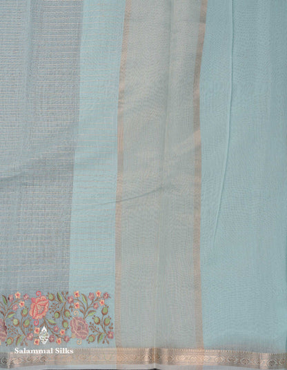 Beautiful Pastel Blue Zari Lines Cotton Mix Fancy Saree With Embroidery Floral Design & Small Zari Border