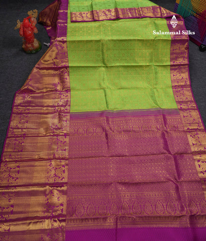 Beautiful Parrot Green Pure Kanjivaram Silk Saree With Contrast Dark Purple Traditional Evening Morning Border