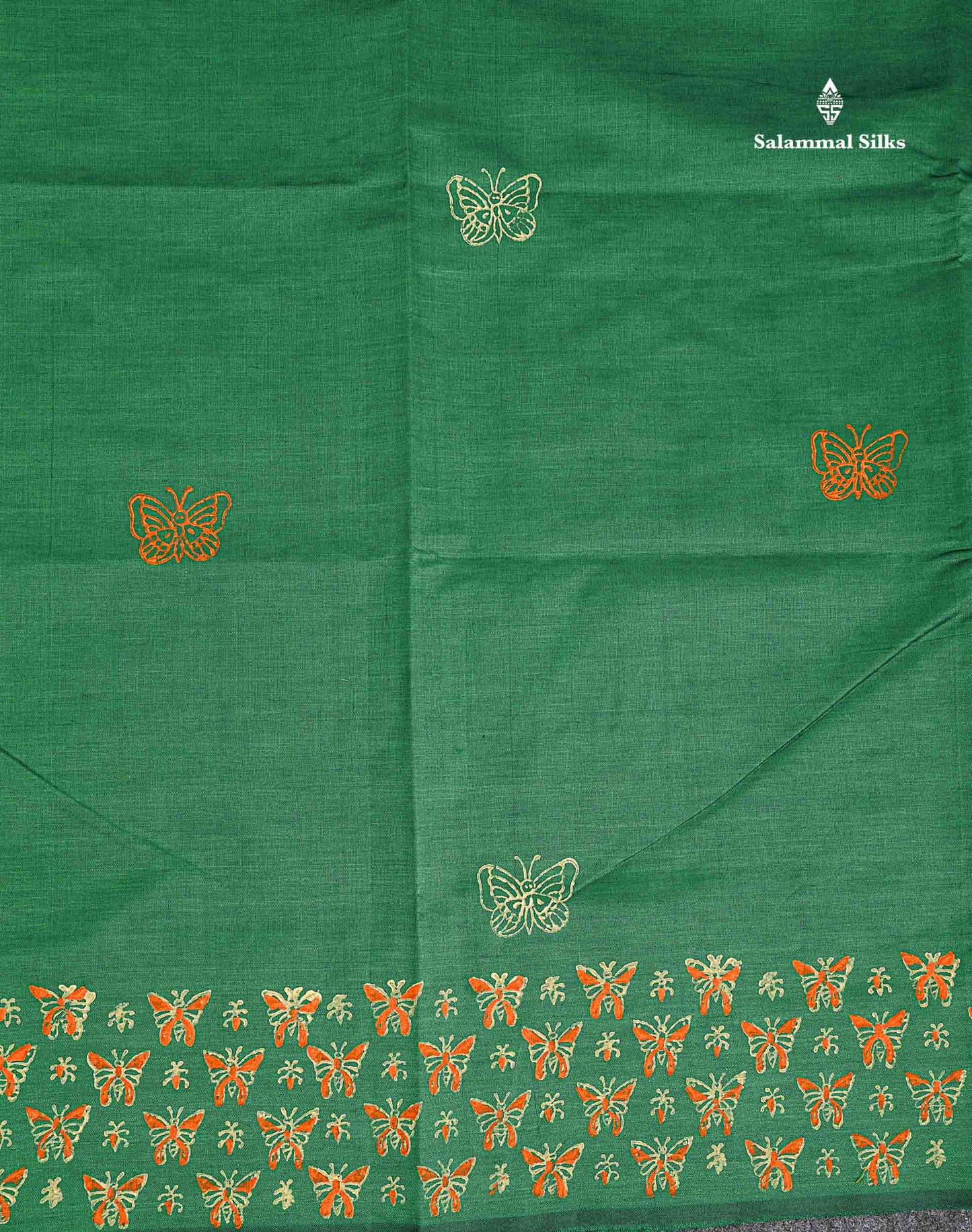 South Cotton Saree - Bottle Green Printed Saree With Contrast Orange Blouse