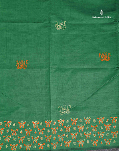 South Cotton Saree - Bottle Green Printed Saree With Contrast Orange Blouse