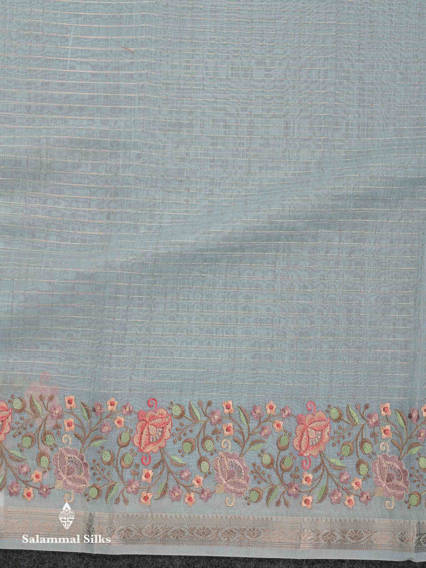 Beautiful Pastel Blue Zari Lines Cotton Mix Fancy Saree With Embroidery Floral Design & Small Zari Border