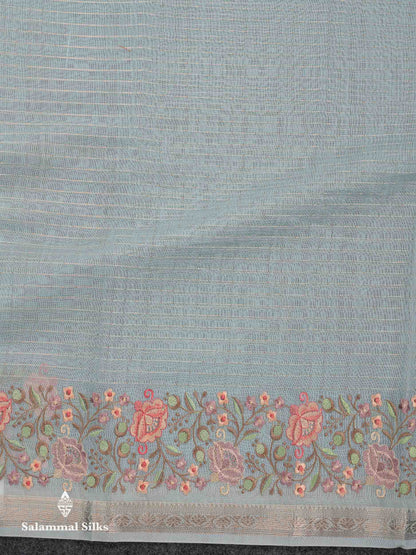 Beautiful Pastel Blue Zari Lines Cotton Mix Fancy Saree With Embroidery Floral Design & Small Zari Border