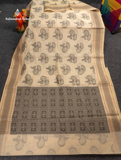 Beautiful Sandal Cotton Mix Fancy Saree With Contrast Black Designer Blouse