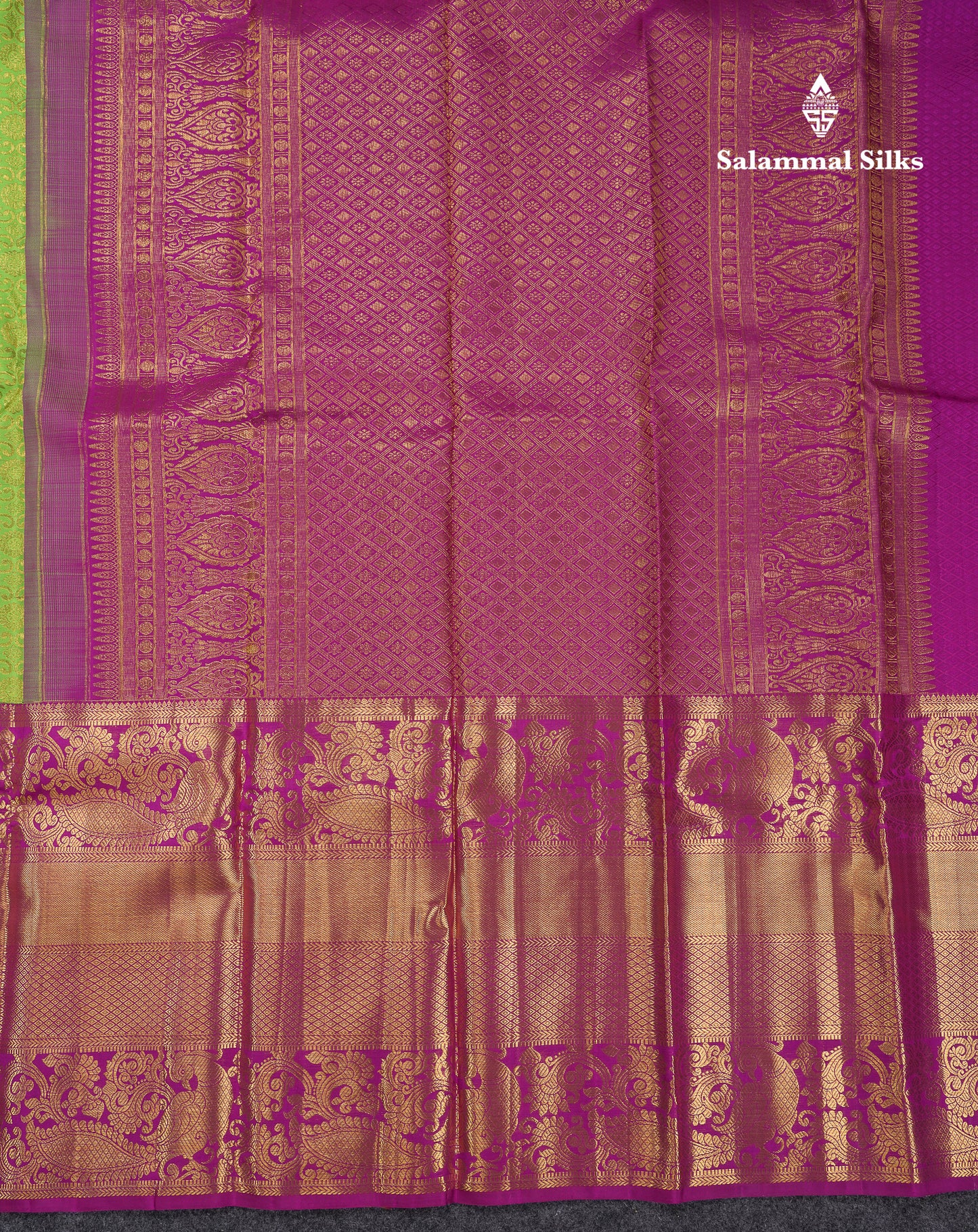Beautiful Parrot Green Pure Kanjivaram Silk Saree With Contrast Dark Purple Traditional Evening Morning Border