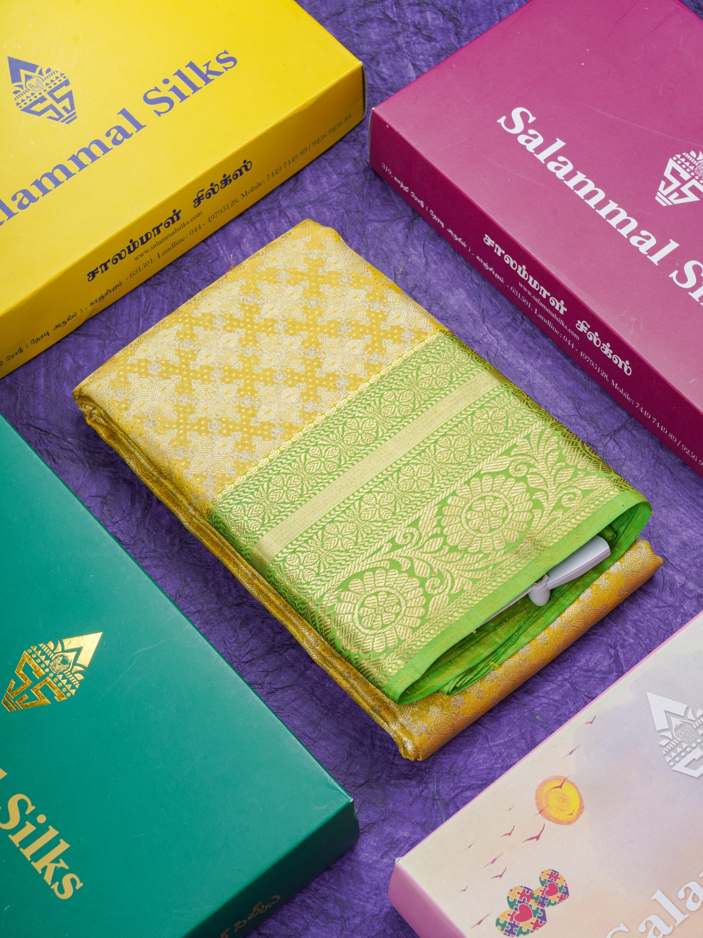 Lemon Yellow Bridal Tissue Puremix Silk Saree With Parrot Green Border