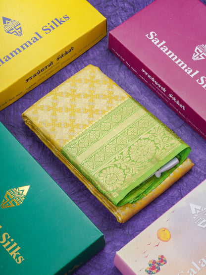 Lemon Yellow Bridal Tissue Puremix Silk Saree With Parrot Green Border
