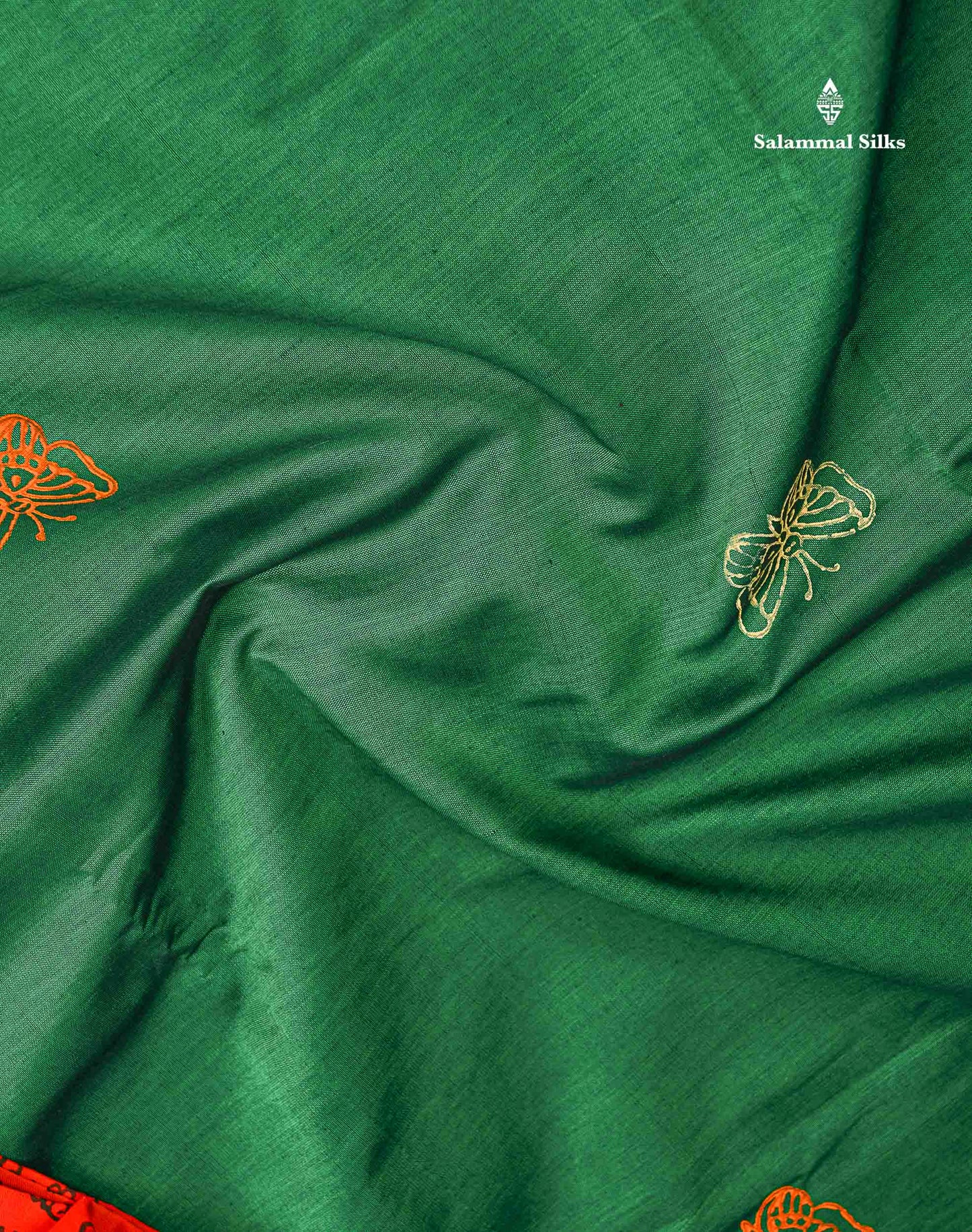 South Cotton Saree - Bottle Green Printed Saree With Contrast Orange Blouse