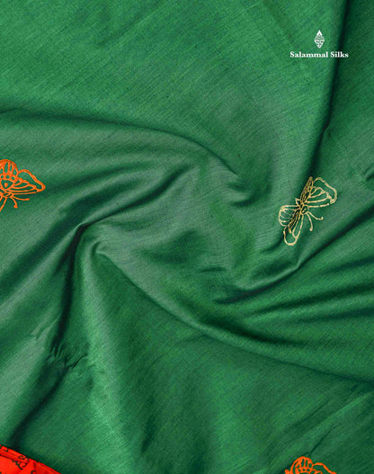 South Cotton Saree - Bottle Green Printed Saree With Contrast Orange Blouse