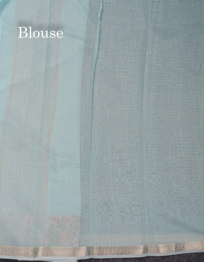 Beautiful Pastel Blue Zari Lines Cotton Mix Fancy Saree With Embroidery Floral Design & Small Zari Border